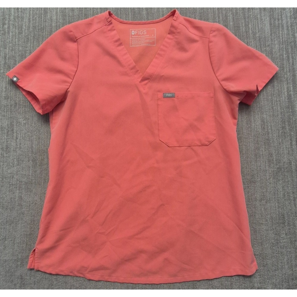 Figs Technical Collection women's pink scrub top SM V-Neck Chest Pocket Medical